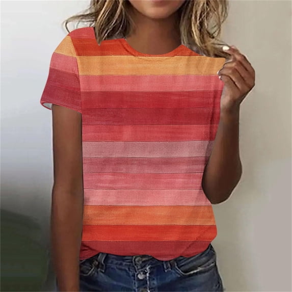YueHuiYing Women's Vibrant Multi-Color Striped Short Sleeve Top - Soft Crew Neck Tee for Casual Everyday Style