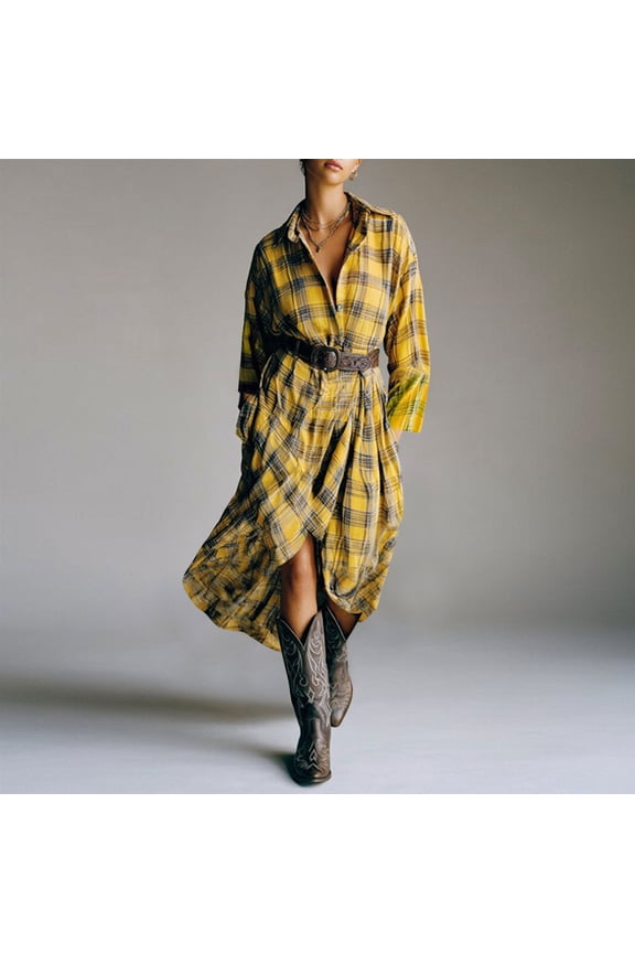 Women's Vintage Plaid Asymmetric Long-Sleeve Collared Button-Down Shirt Dress with Belt