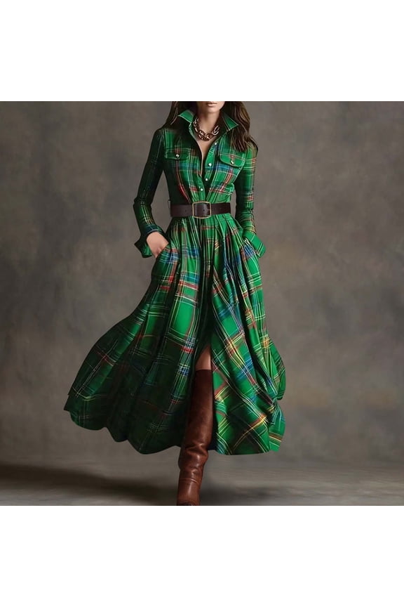 Women's Vintage Plaid Slim-Fit Asymmetric Long-Sleeve Collared Button-Down Shirt Dress with Belt and Pockets