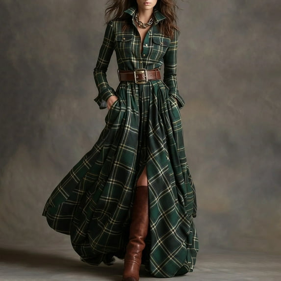 YueHuiYing Women's Vintage Plaid Slim-Fit Asymmetric Long-Sleeve Collared Button-Down Shirt Dress with Belt and Pockets