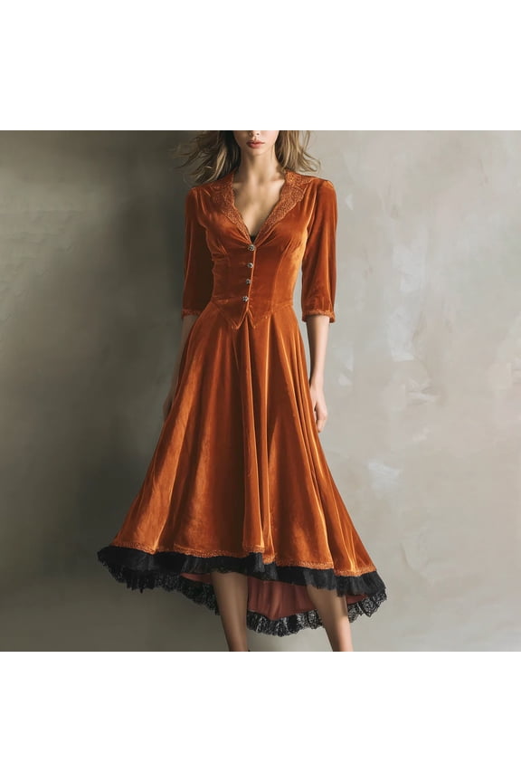 Women's Western-Style V-Neck Patchwork Lace Flared Dress Long-Sleeve V-Neck Knee-Length Dress