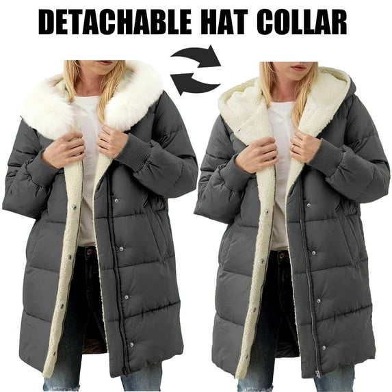 YueHuiYing Women's Winter Long Coat Long Sleeve Jacket Hooded Jacket With Pockets Detachable Hat Collar