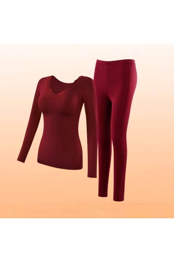 Women's Winter Warmth Color Long-Sleeved Top With Built-in Padded Bra Inner Layering Base Layer Set - Warm Underwear Set