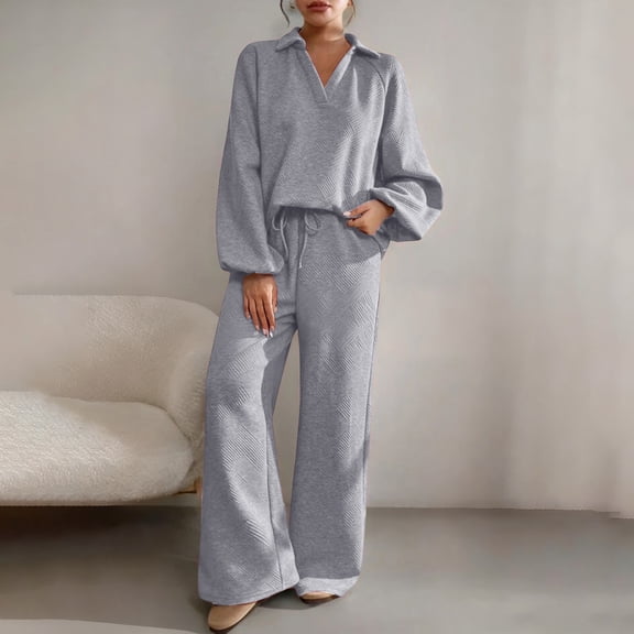 YueHuiYing Womens 2 Piece Outfits V-Neck Long Sleeve Pullover Tops Wide Leg Long Pants Casual Lounge Set Travel Tracksuit