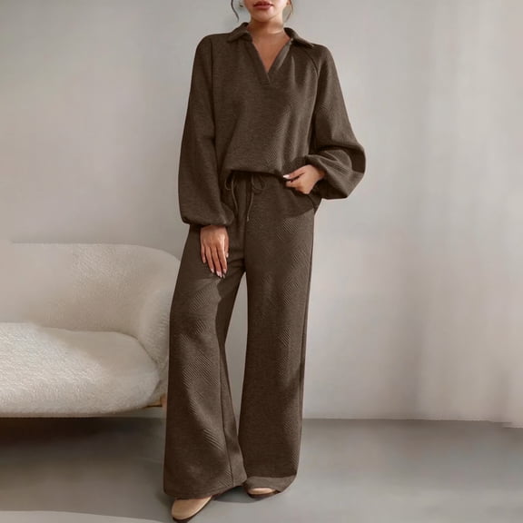 YueHuiYing Womens 2 Piece Outfits V-Neck Long Sleeve Pullover Tops Wide Leg Long Pants Casual Lounge Set Travel Tracksuit