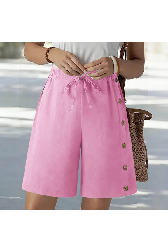 Womens Bermuda Shorts High Waist Drawstring Loose Capris Wide Leg Comfy Summer Beach Casual Dressy Pant with Pockets Pink S