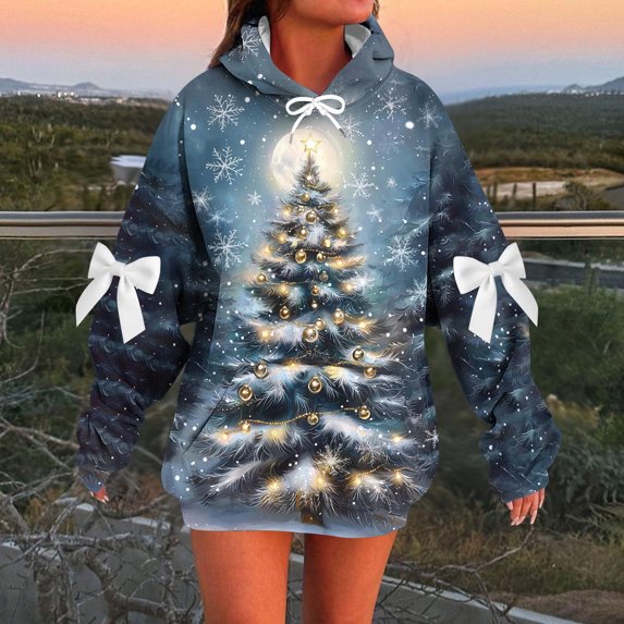 YueHuiYing Womens Bow Graphic Hoodie Cute Bow Sweater Oversized Long Sleeve Sweatshirt Drop Shoulder Pullover Tops