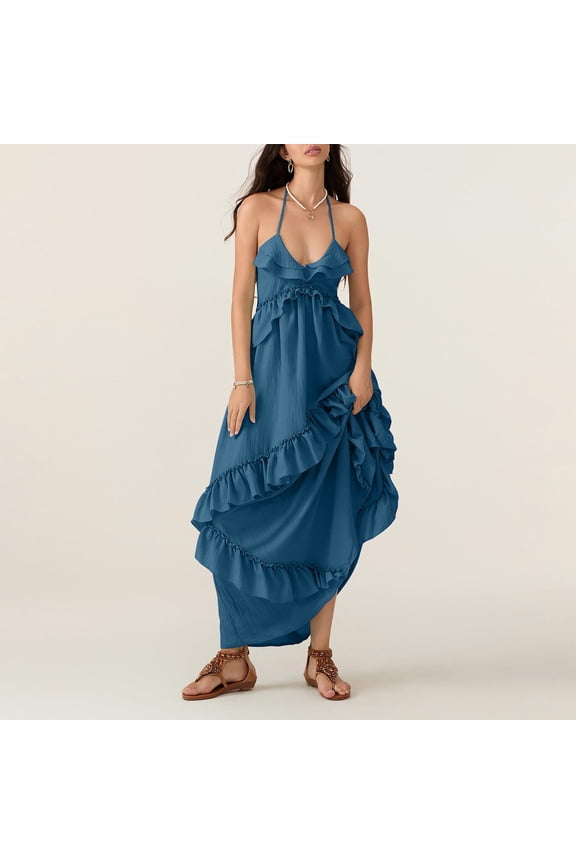 Womens Chiffon Halter Maxi Dress Sleeveless Backless Ruffle Tassel Party Club Dresses