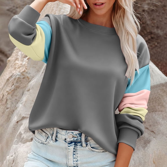 YueHuiYing Womens Color Block Loose Long Sleeve T Shirts Casual Comfy Tops Contrasting Shirt