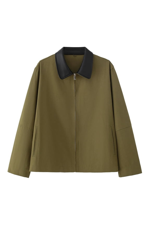 Womens Cropped Barn Jacket Contrast Collar Canvas Jackets Lightweight Utility Coat with Pockets