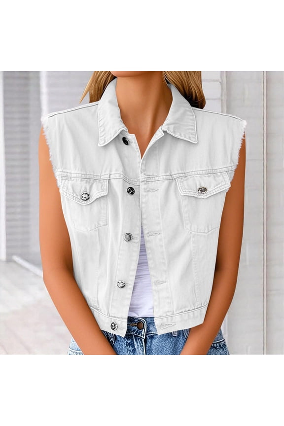 Womens Denim Jean Vest Classic Junior Button Up Cropped Distressed Sleeveless Jean Jacket