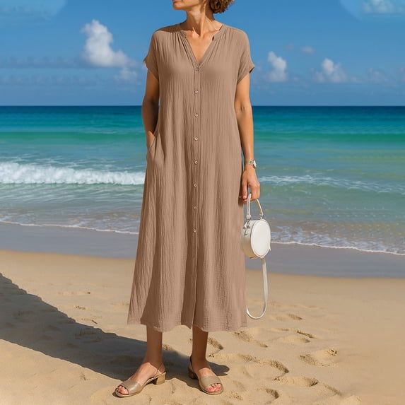 YueHuiYing Womens Dress Summer Casual Midi Short Sleeve Button Down Shirt Dresses Loose Beach Cover Up