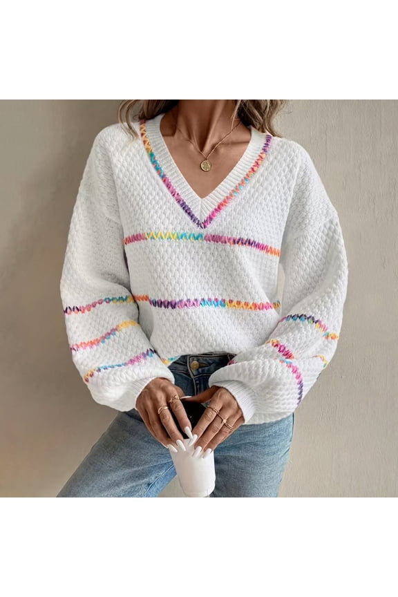 Womens Fall Sweaters Oversized Pullover V Neck Stripe Long Sleeve Drop Shoulder Knit Top Loose Rainbow Chunky Top