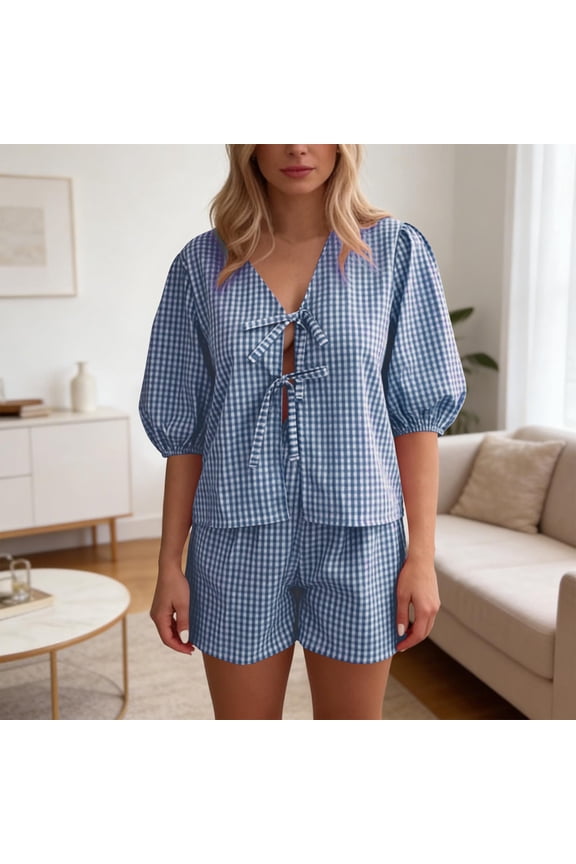 Womens Gingham Pajama Sets Button Down Puff Short Sleeve Top and Ruffle Shorts PJ Set 2 Piece Lounge Set