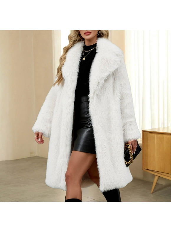 Womens Long Faux Fur Coat Winter Oversized Long Sleeve Open Front Lapel Trench Coats Outerwear