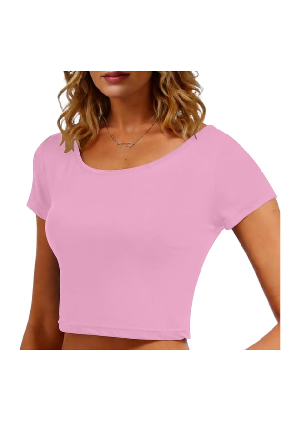 Womens Short Sleeve Cropped T-Shirts Summer Rolled Dolman Sleeve Crop Tops Casual Round Neck Solid Short Basic Tees