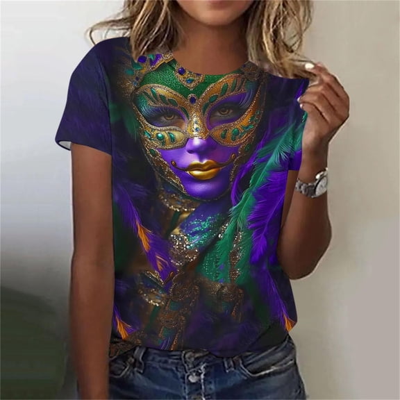 YueHuiYing Womens Short Sleeve Tops Mardi Gras Costumes Fashion Round Neck Mask Print Blouse T-shirt