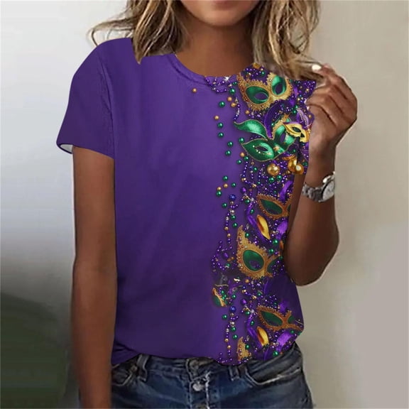 YueHuiYing Womens Short Sleeve Tops Mardi Gras Costumes Fashion Round Neck Mask Print Blouse T-shirt