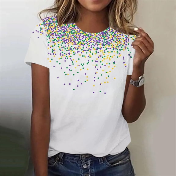 YueHuiYing Womens Short Sleeve Tops Mardi Gras Costumes Fashion Round Neck Mask Print Blouse T-shirt