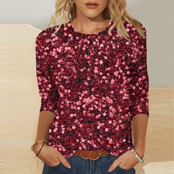 YueHuiYing Womens Sparkly Sequin Tops 3/4 Sleeve Glitter Party Dressy Blouse,V-Neck Disco Evening Club Concert Shirt