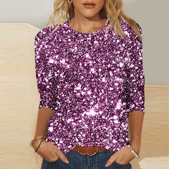 YueHuiYing Womens Sparkly Sequin Tops 3/4 Sleeve Glitter Party Dressy Blouse,V-Neck Disco Evening Club Concert Shirt