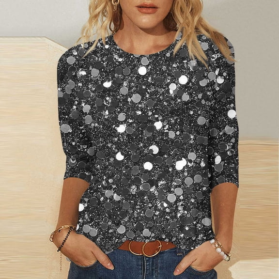 YueHuiYing Womens Sparkly Sequin Tops 3/4 Sleeve Glitter Party Dressy Blouse,V-Neck Disco Evening Club Concert Shirt