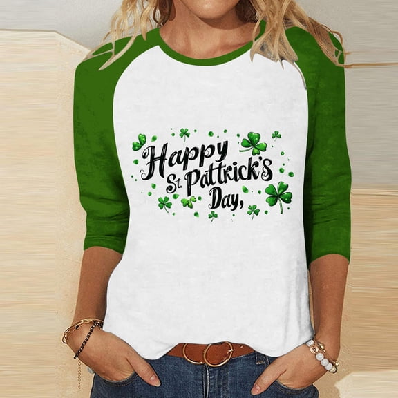 YueHuiYing Womens St. Patricks Day Crewneck Pullover 3/4 Sleeve Shirts Irish Day Shamrock Loose Sweatshirt Tops
