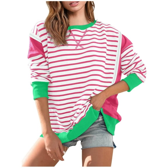 YueHuiYing Womens Striped Sweatshirt Color Block Crew Neck Long Sleeve Shirt Casual Loose Pullover Top
