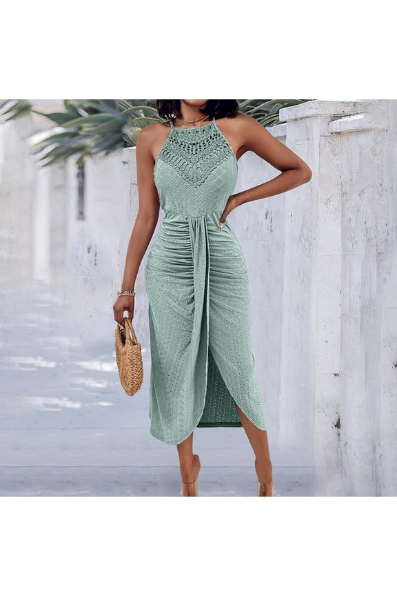 Womens Summer Halter Ruched Bodycon Long Dresses Hollow Out A Line Eyelet Embroidery & Side Slit Vacation Tank Dress