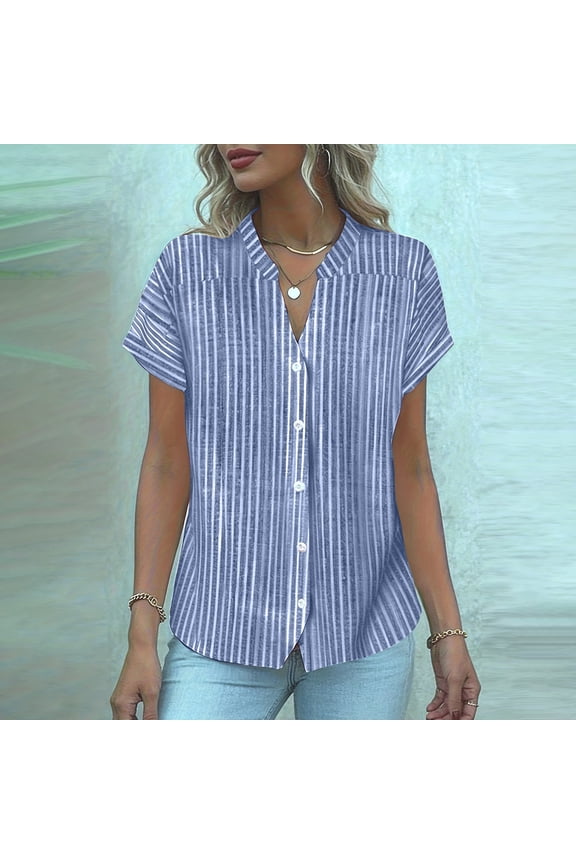 Womens Summer Plaid Button Down Shirts Short Puff Sleeve Cotton Crew Neck Gingham Blouses Tops