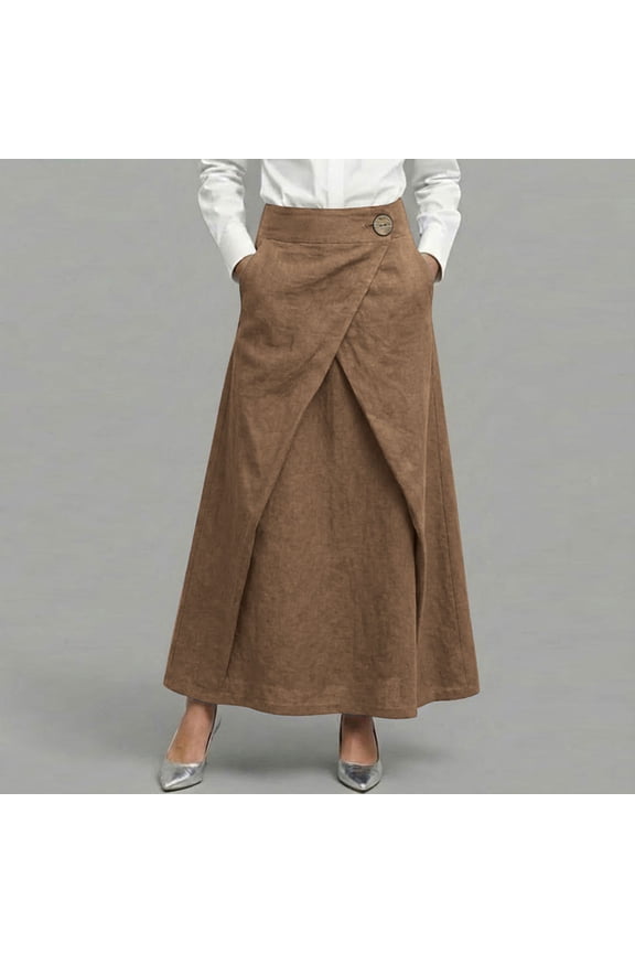 Womens Summer Skirts Casual Front Button A-Line High Waisted Midi Skirt with Pockets