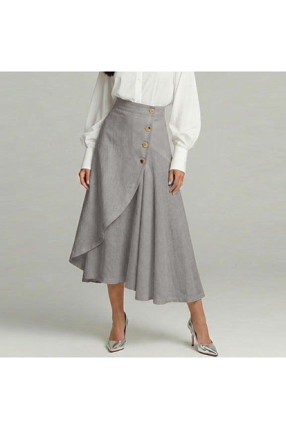 Womens Summer Skirts Casual Front Button A-Line High Waisted Midi Skirt with Pockets