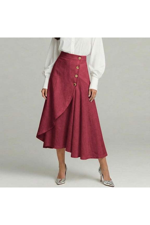 Womens Summer Skirts Casual Front Button A-Line High Waisted Midi Skirt with Pockets
