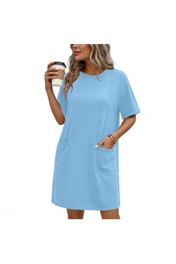 Womens Summer T Shirt Dress Casual Short Sleeve Crewneck Loose Flowy Mini Dresses with Pockets