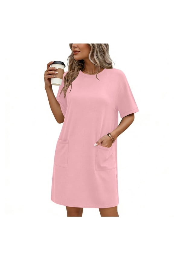 Womens Summer T Shirt Dress Casual Short Sleeve Crewneck Loose Flowy Mini Dresses with Pockets