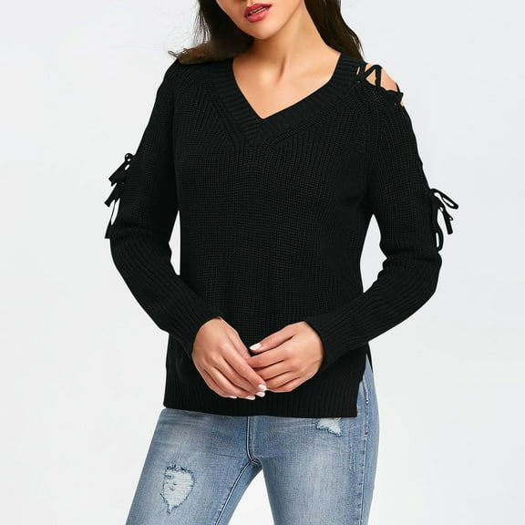 YueHuiYing Womens Sweaters Casual V Neck Long Sleeve Pullover Sweaters Twsit Knot Knit Cropped Jumper Tops