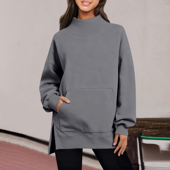 YueHuiYing Womens Sweaters Crewneck Long Sleeve Shirts with Pockets Fall Outfits 2025 Fashion Winter Clothing Side Slit
