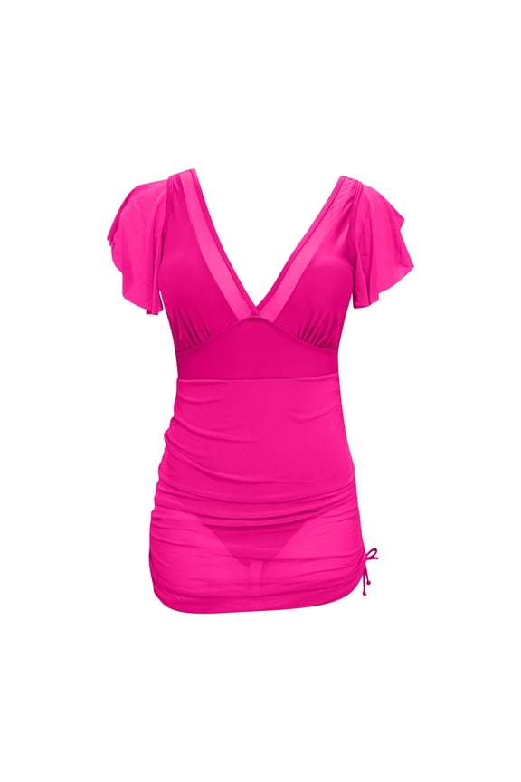 Womens Tummy Control Swimsuit V Neck One Piece Bathing Suits Slimming Lace-up Ruffle Swimwear