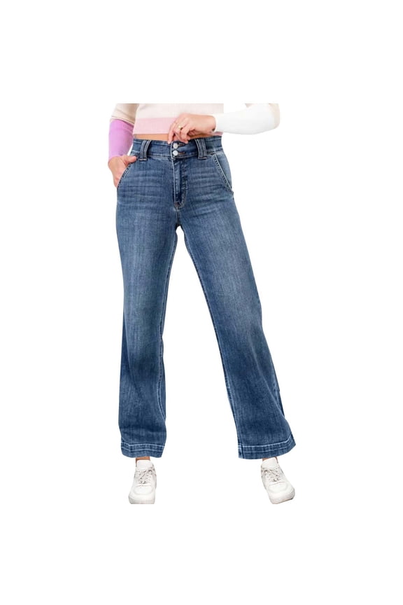 Womens Wide Leg Jeans High Waisted Stretchy Straight Leg Baggy Trendy Denim Pants with Patch Pockets