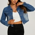 thumbnail image 1 of YueHuiYing&nbsp;Women's Cropped Denim Jacket | Distressed Button-Down Jean Jacket | Long Sleeve Ripped & Frayed Blue Coat, 1 of 7