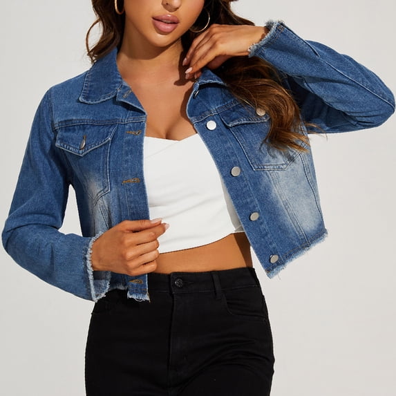 YueHuiYing Women's Cropped Denim Jacket | Distressed Button-Down Jean Jacket | Long Sleeve Ripped & Frayed Blue Coat