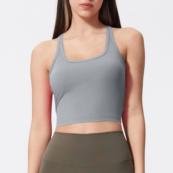 YueHuiYing Racerback Longline Sports Bra for Women Scoop Neck with Built in Bra Yoga Tank Crop Tops Padded Camisole