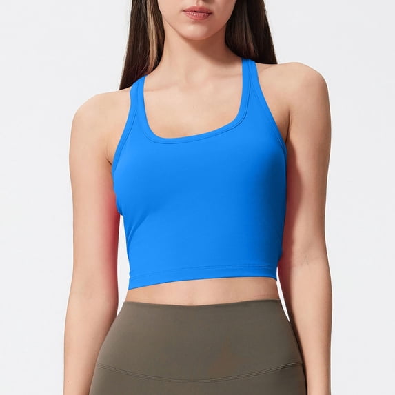 YueHuiYing Racerback Longline Sports Bra for Women Scoop Neck with Built in Bra Yoga Tank Crop Tops Padded Camisole