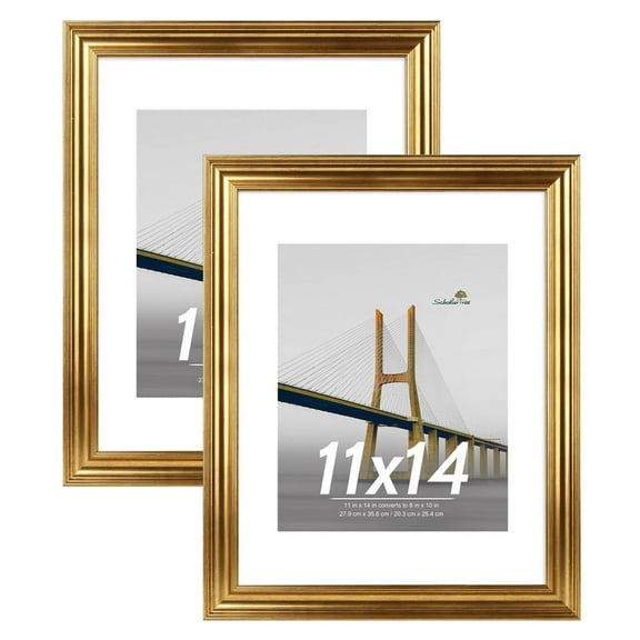Scholartree 2PACK 11x14 Picture Frame , Display Photo 11x14 Matted to 8x10 Wall Frame Frame, Gold