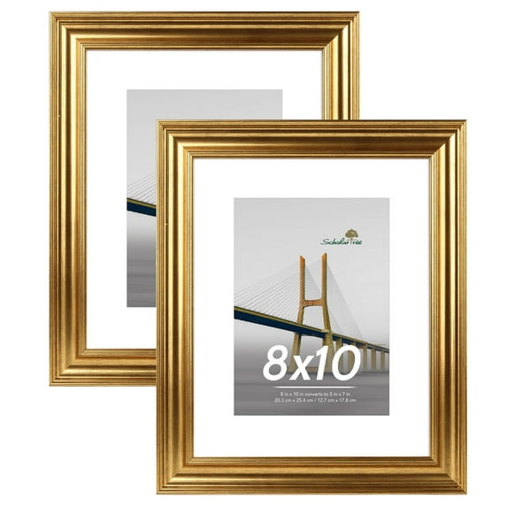 Scholartree 2PACK 8x10 Picture Frame , Display Photo 8x10 Matted to 5x7 Tabletop Picture Frame & Wall Frame, Gold
