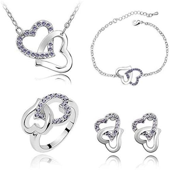 Yuehao Bracelets for Women, Gifts for Women, Crystal Heart Chain Necklace Earring Jewelry Set Women's Gift (Purple, One Size)