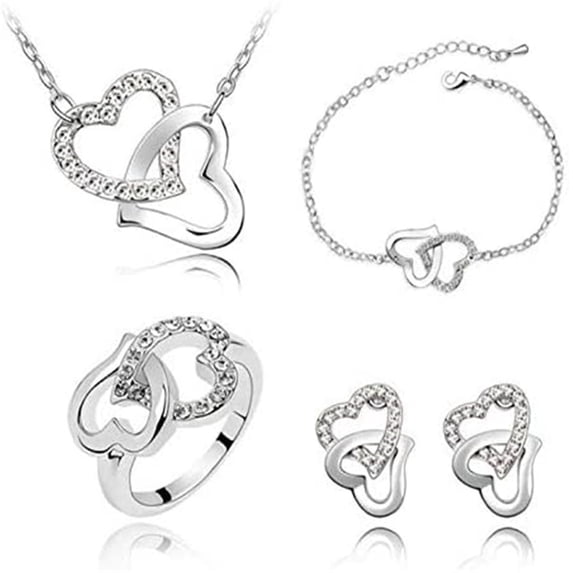 Yuehao Bracelets for Women, Gifts for Women, Crystal Heart Chain Necklace Earring Jewelry Set Women's Gift (White, One Size)