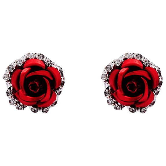 Yuehao Earrings for Women, Gifts for Women, Rose Rhinestone Earrings Thin Dangle Rose Elegant Rhinestone Earrings Wedding Women Accessories Jewelry Rose Earrings for Women (Red, One Size)