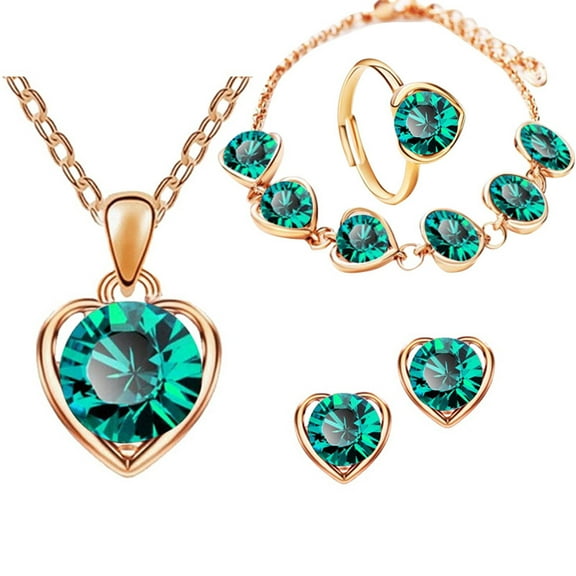 Yuehao Jewelry Sets, Gifts for Women, Fashion Crystal Heart Necklace Earrings Ring Bracelet Four Piece Set (Green, One Size)