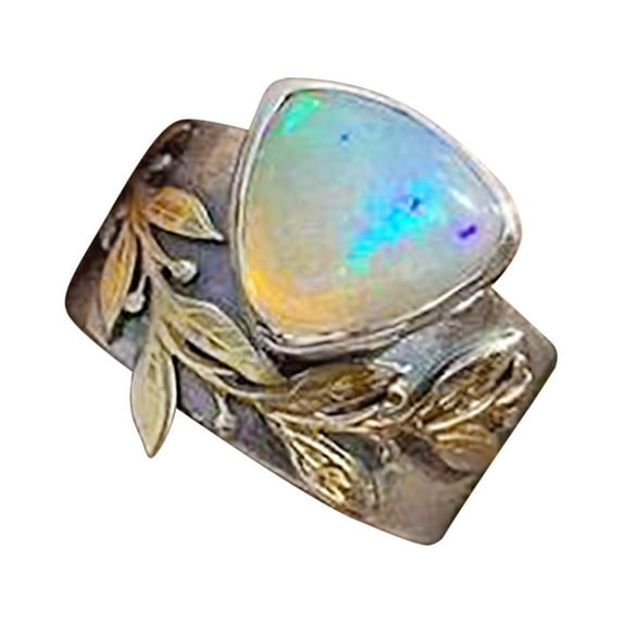 Yuehao Rings for Women, Gifts for Women, Vintage Exquisite Ladies Leaves Opal Diamond Ring for Women Jewelry Gifts (Silver, Size 9)